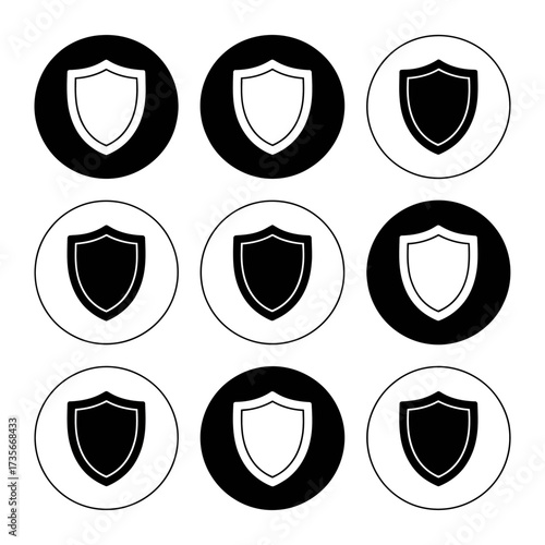 Set of six minimalist shield icons representing security protection safety and defense