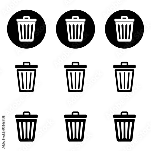 Set of six minimalist trash bin icons for digital interfaces and design projects