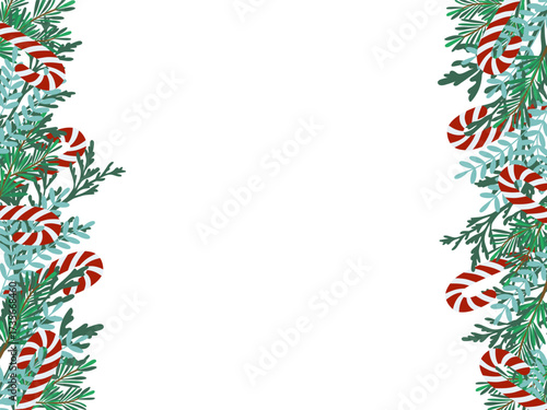 Festive vector illustration showcases a border of pine branches and candy canes on a white background. Ideal for holiday-themed designs, greeting cards, or seasonal invitations.