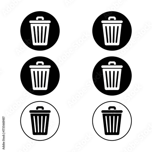 Set of six minimalist trash can icons for digital design and applications