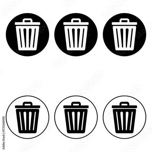 Minimalist trash can icons set of six simple delete bin symbols for digital interfaces