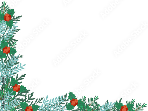 Christmas-themed vector illustration featuring a corner arrangement of pine branches, holly leaves, and red berries. The design is ideal for holiday cards and festive projects.