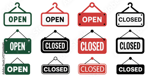 open closed signboard icon set vector