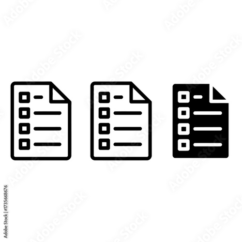 Three outline icons representing tasks lists documents and checklists in black and white