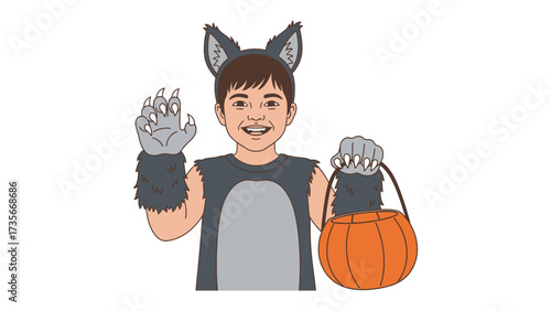 Spirited Halloween Costume: A young person, radiating glee, adorned in an expressive wolf costume, merrily holding an orange pumpkin bucket, embodying the vibrant energy of Halloween.