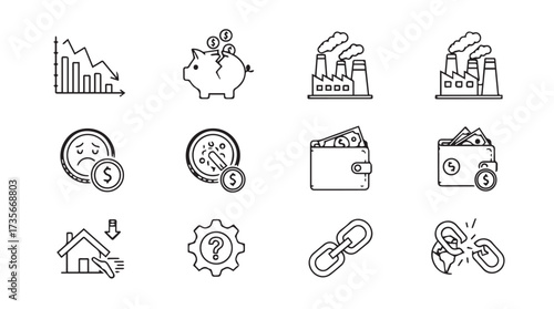 Hand drawn icons representing finance business economy and technology concepts vector