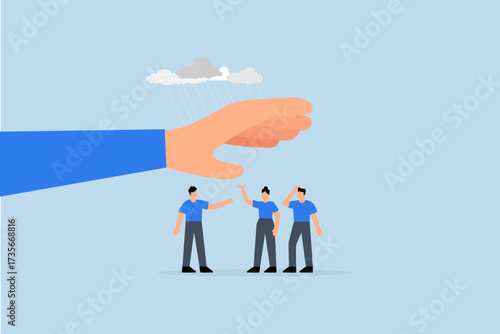 Employee care benefit, giant businessman hand cover team member from rainstorm