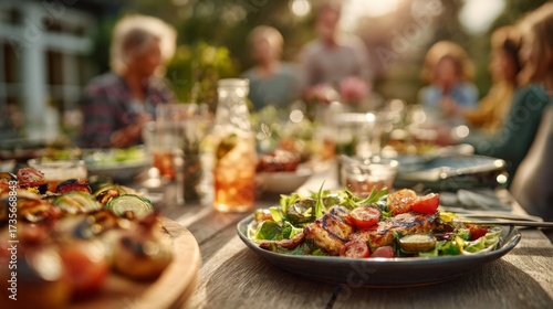 Wallpaper Mural A vibrant outdoor dinner setting showcases a beautifully plated dish of grilled veggies and salad, capturing a warm, inviting atmosphere. Torontodigital.ca