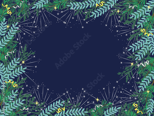 Festive vector illustration featuring evergreen foliage surrounding a starry night sky. Bright sparkles and decorative elements create a celebratory and enchanting atmosphere, perfect for holiday desi