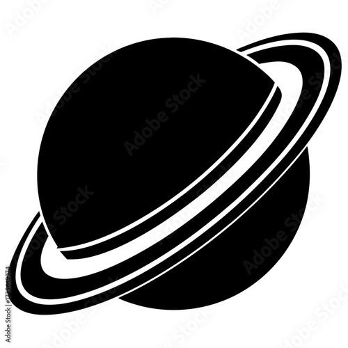 Striking black silhouette illustration of a distant planet with rings evoking cosmic wonder and space exploration themes