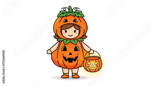 Pumpkin Costume: An illustration of a child dressed in a vibrant pumpkin costume with a matching lantern, capturing the spirit of Halloween, radiating joy and celebration.