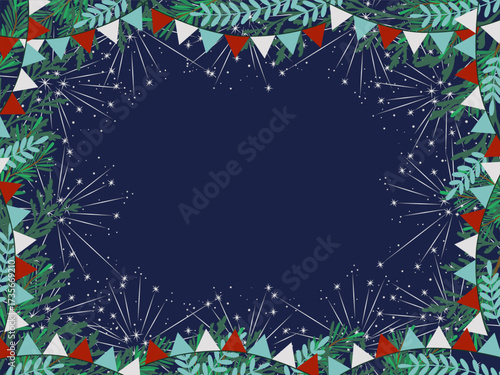 Festive vector illustration featuring colorful triangular garlands and sparkling fireworks against a deep blue background, surrounded by lush green leaves. Ideal for holiday celebrations.