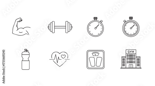 Hand-drawn fitness icons set featuring dumbbell water bottle scale and stopwatch for gym and workout vector