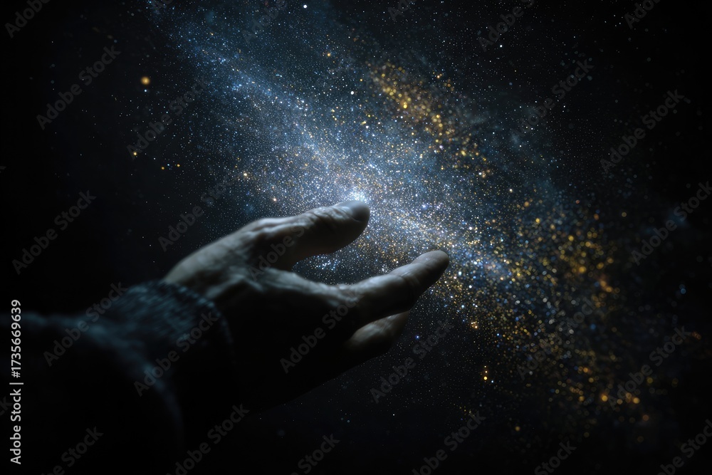 Fototapeta premium Hand extending toward sparkling, golden and blue particles in a dark, ethereal space