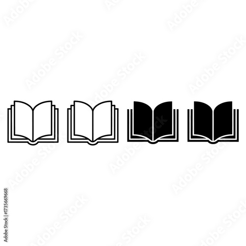 Minimalist book icons set four simple line art open books stacked outline and solid fill