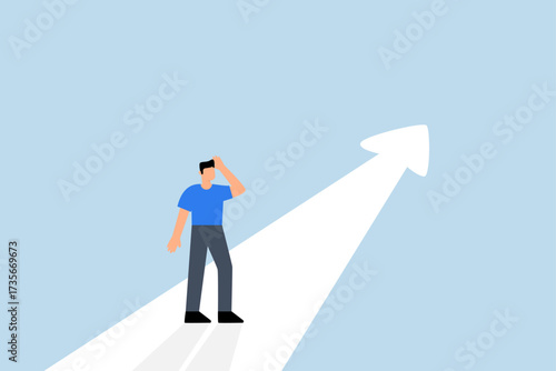 Finding purpose, perplexed entrepreneur targeting future goal arrow.