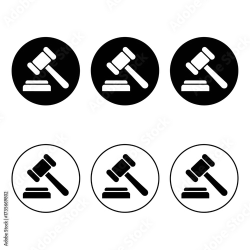 Set of six minimalist gavel icons representing justice law courtroom judgment and legal decisions