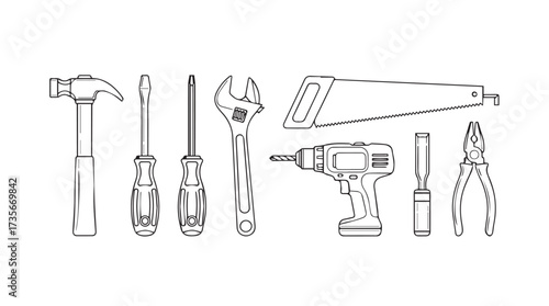 Collection of hand tools and power tools for repair and construction tasks vector