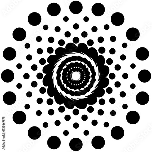 Abstract expanding spiral pattern composed of progressively larger bold black dots on a clean background suggesting growth and motion