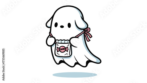 Ghost with candy: A cute ghost hovers gently, its translucent form carrying a charming bag filled with sweet treats, ready for delightful fun. A picture of simple fun and childlike wonder.
