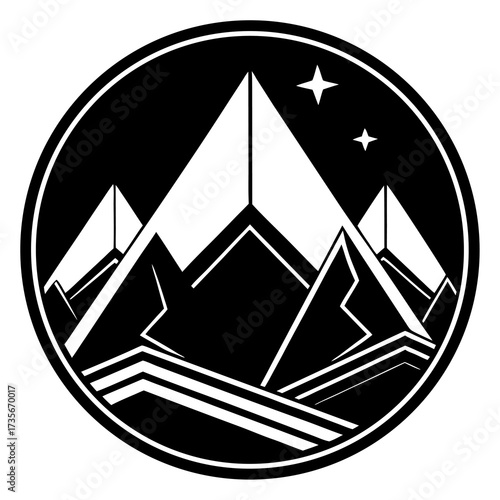 Simple black mountain silhouette enclosed within a clean circular border representing nature and outdoor adventure