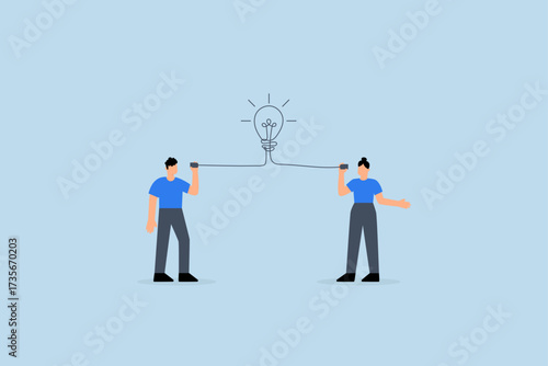 Communicate idea, Clever entrepreneur communicates with coworker via telephone featuring a lightbulb icon