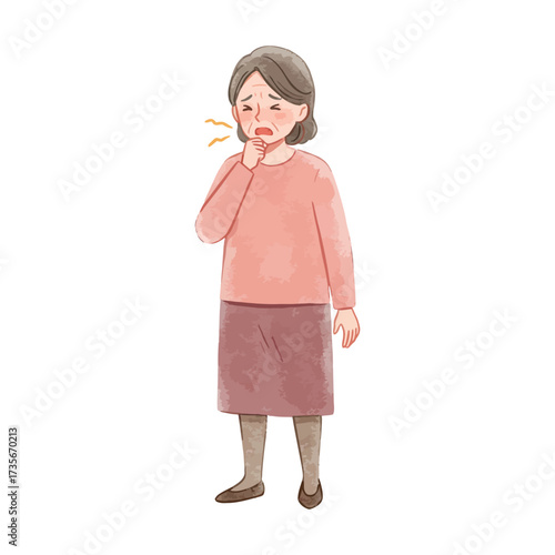 watercolor illustration of a senior woman coughing into her hand showing flu, sickness, or breathing problem