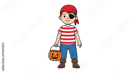 Little Pirate with Pumpkin Basket: A charming cartoon illustration of a young pirate, dressed in a red and white striped shirt, a red bandana, and an eye patch, holding a pumpkin basket.