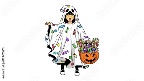 Ghostly Costume & Halloween Treats: A girl is in a cute ghost costume, carrying a vibrant Halloween pumpkin basket, and embodying the playful spirit of the holiday.