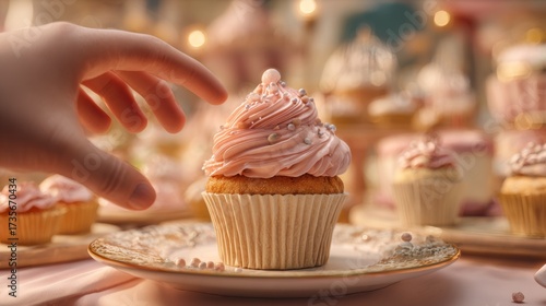 A delicate hand reaching for a beautifully decorated pink cupcake, surrounded by an array of sweet treats.