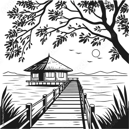 Minimilist illustration of a hut on stilts over water with a wooden pier and tree branches in the foreground vector
