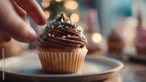 A hand reaching for a festive cupcake topped with chocolate icing and colorful sprinkles, set against a soft, warm bokeh background.