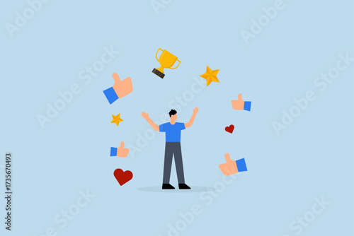 Appreciate high performance employee,  joyful achievement entrepreneur with gratitude thumbs up clapping, stars and award