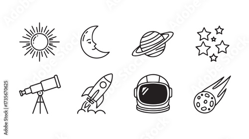 Hand-drawn space icons collection featuring sun moon rocket astronaut helmet stars comet planets vector