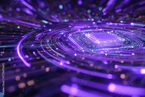 Futuristic glowing processor with data flow visualization in vibrant purple hues
