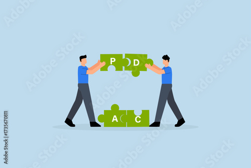 Business associate colleague assist finish jigsaw puzzle cycle with letters PDCA