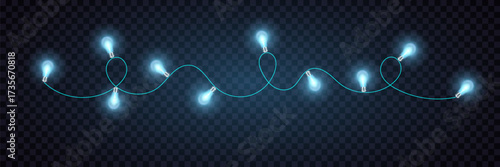 A garland of glowing blue light bulbs on a transparent background