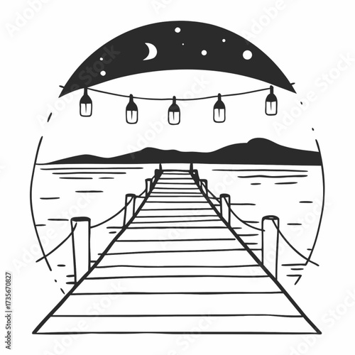Minimilist illustration of a pier extending over water under a night sky with hanging string lights design is simple vector