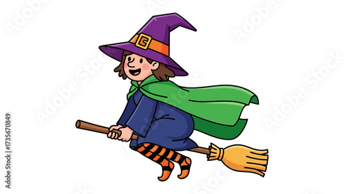 Enchanting Witch in Flight: A cheerful witch soars through the sky on a broomstick, her vibrant outfit and wide smile radiating a sense of fun, freedom, and magic.
