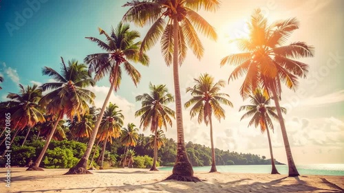Relaxing tropical beach scene with swaying palm trees and serene ocean views