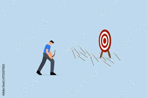 Failure missed all business target, disappointed entrepreneur archery frustration with his misfired arrows