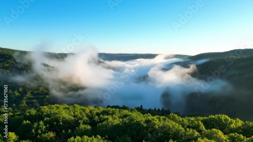Beautiful Aerial View of Forested Hills and Misty Valley Morning