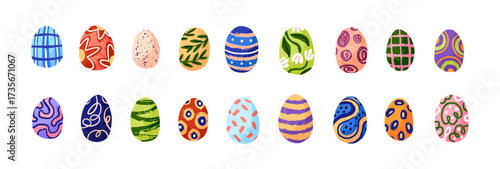 Set of Easter egg patterns design. Different abstract ornaments for Christian holidays. Traditional decor, religious decoration. Flat isolated drawing vector illustrations on white background