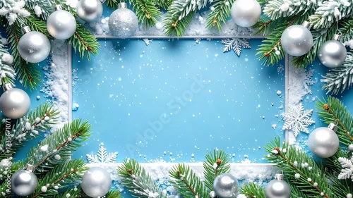 Sparkling silver ornaments and snow-covered pine branches dance on light blue