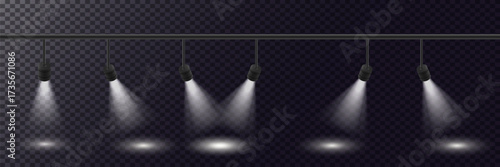 Set of white spotlights. Stage lighting. Vector lighting effect.