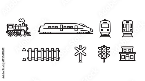 Set of railway icons and elements for transportation and logistics design vector