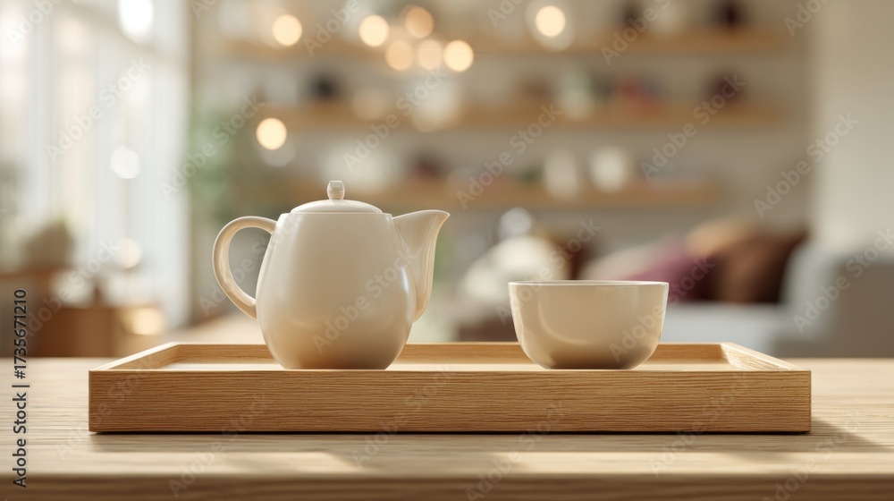 Fototapeta premium A serene setting featuring a white teapot and cup on a wooden tray, evoking a sense of calm and relaxation.