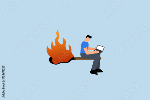 Burnout from overworked, desperate entrepreneur using laptop on a lit matchstick