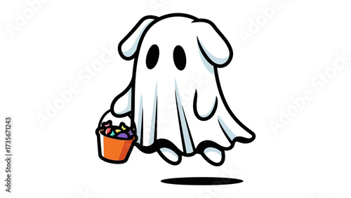 Ghostly Gatherer: A charming cartoon ghost floats with glee, cradling a vibrant candy bucket and casting a shadow of delightful anticipation, encapsulating the playful spirit of Halloween.
