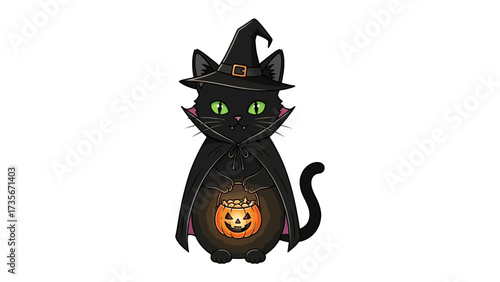 Mystical Black Cat with Pumpkin Lantern: This enchanting image showcases a captivating black cat, adorned in a witch hat and cape, clutching a pumpkin lantern.